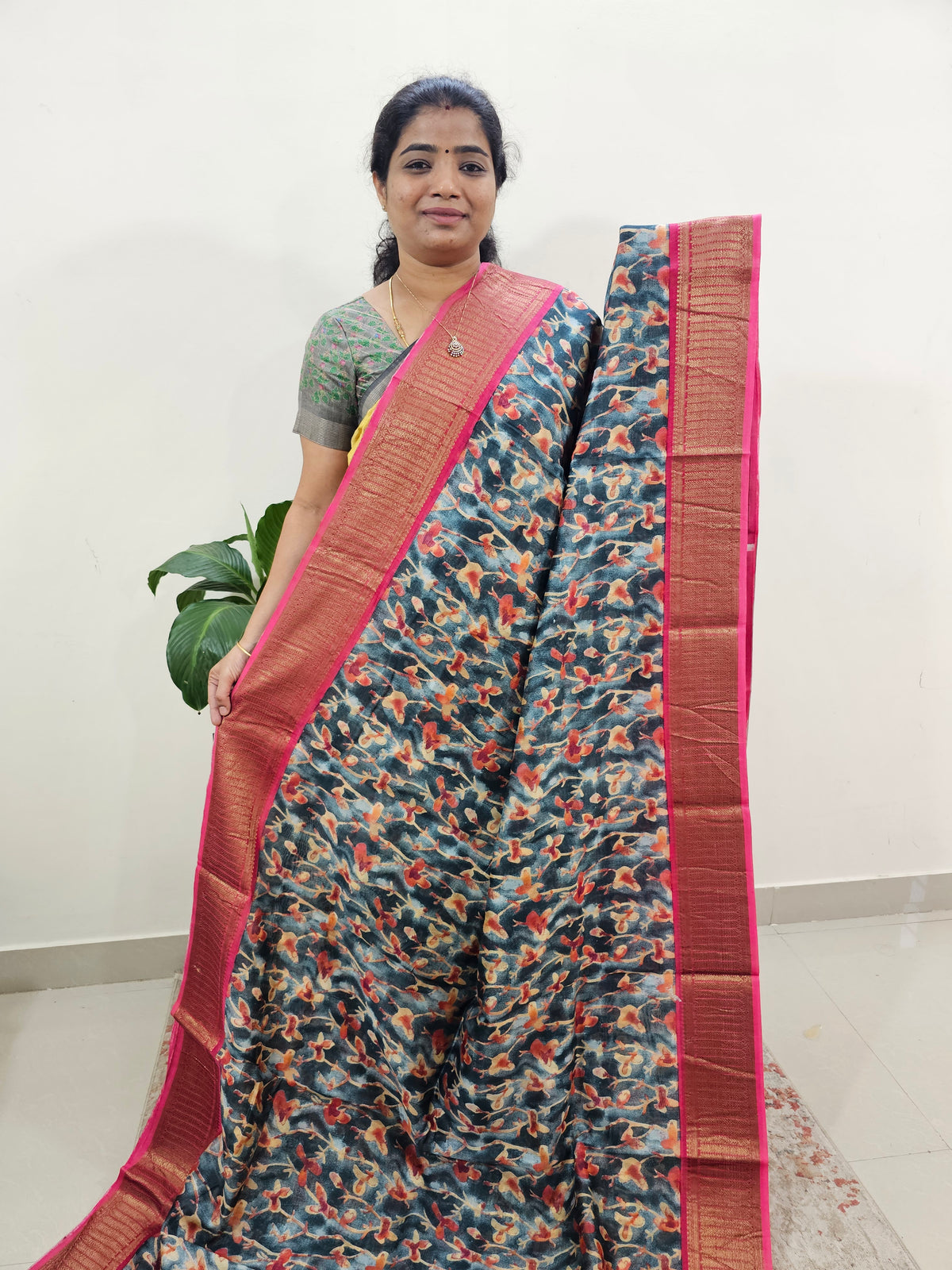 Pure Chanderi Butter Silk - Grey with Pink