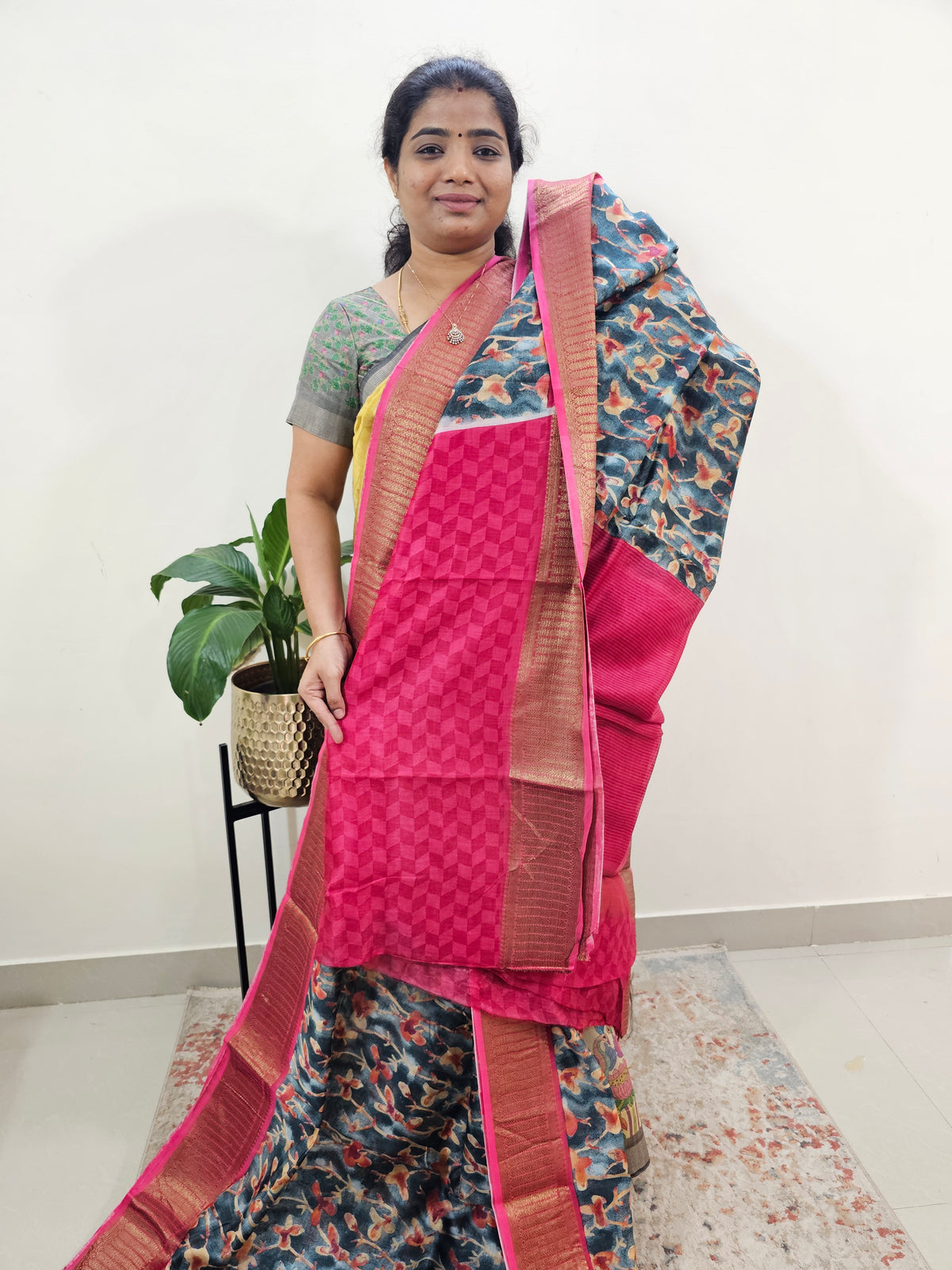 Pure Chanderi Butter Silk - Grey with Pink