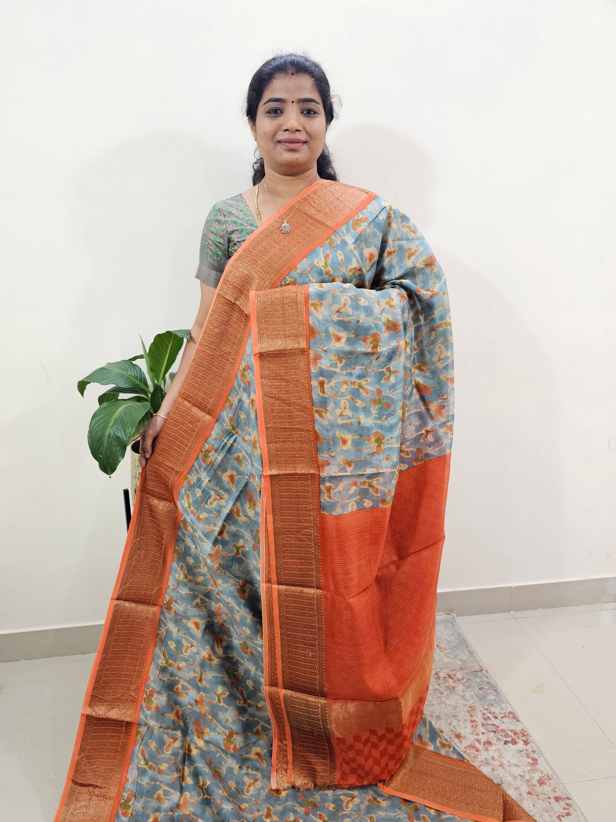 Pure Chanderi Butter Silk - Grey with Orange