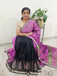 Half & Half Pattern Pure Handloom Maheshwari Silk Cotton Weaves -  Purple with Black