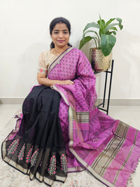 Half & Half Pattern Pure Handloom Maheshwari Silk Cotton Weaves -  Purple with Black