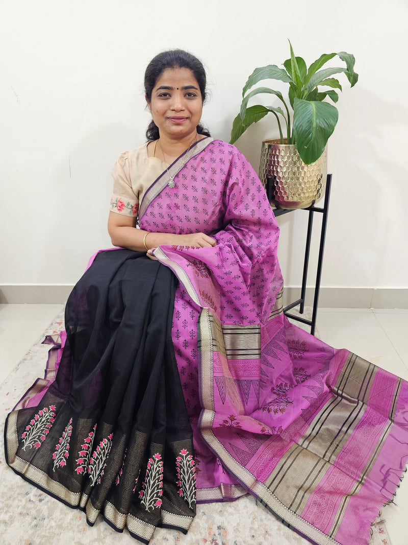 Half & Half Pattern Pure Handloom Maheshwari Silk Cotton Weaves -  Purple with Black