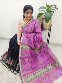 Half & Half Pattern Pure Handloom Maheshwari Silk Cotton Weaves -  Purple with Black