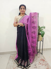 Half & Half Pattern Pure Handloom Maheshwari Silk Cotton Weaves -  Purple with Black