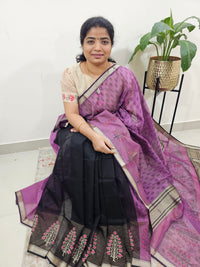 Half & Half Pattern Pure Handloom Maheshwari Silk Cotton Weaves -  Dark Purple with Black