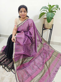 Half & Half Pattern Pure Handloom Maheshwari Silk Cotton Weaves -  Dark Purple with Black