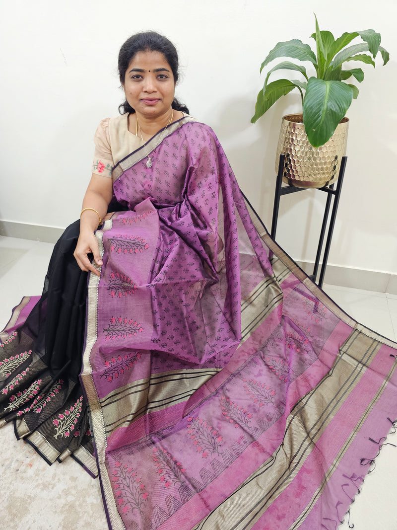 Half & Half Pattern Pure Handloom Maheshwari Silk Cotton Weaves -  Dark Purple with Black