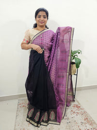Half & Half Pattern Pure Handloom Maheshwari Silk Cotton Weaves -  Dark Purple with Black
