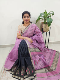 Half & Half Pattern Pure Handloom Maheshwari Silk Cotton Weaves -   Light Purple with Black