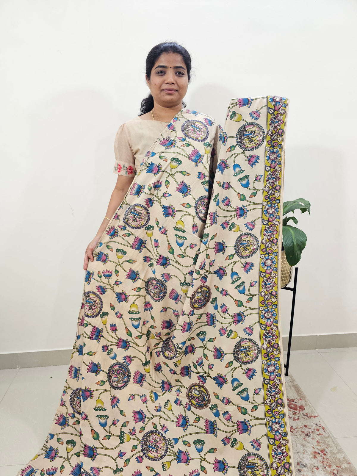 Cotton Kalamkari Saree - Off-white with Multi Shade