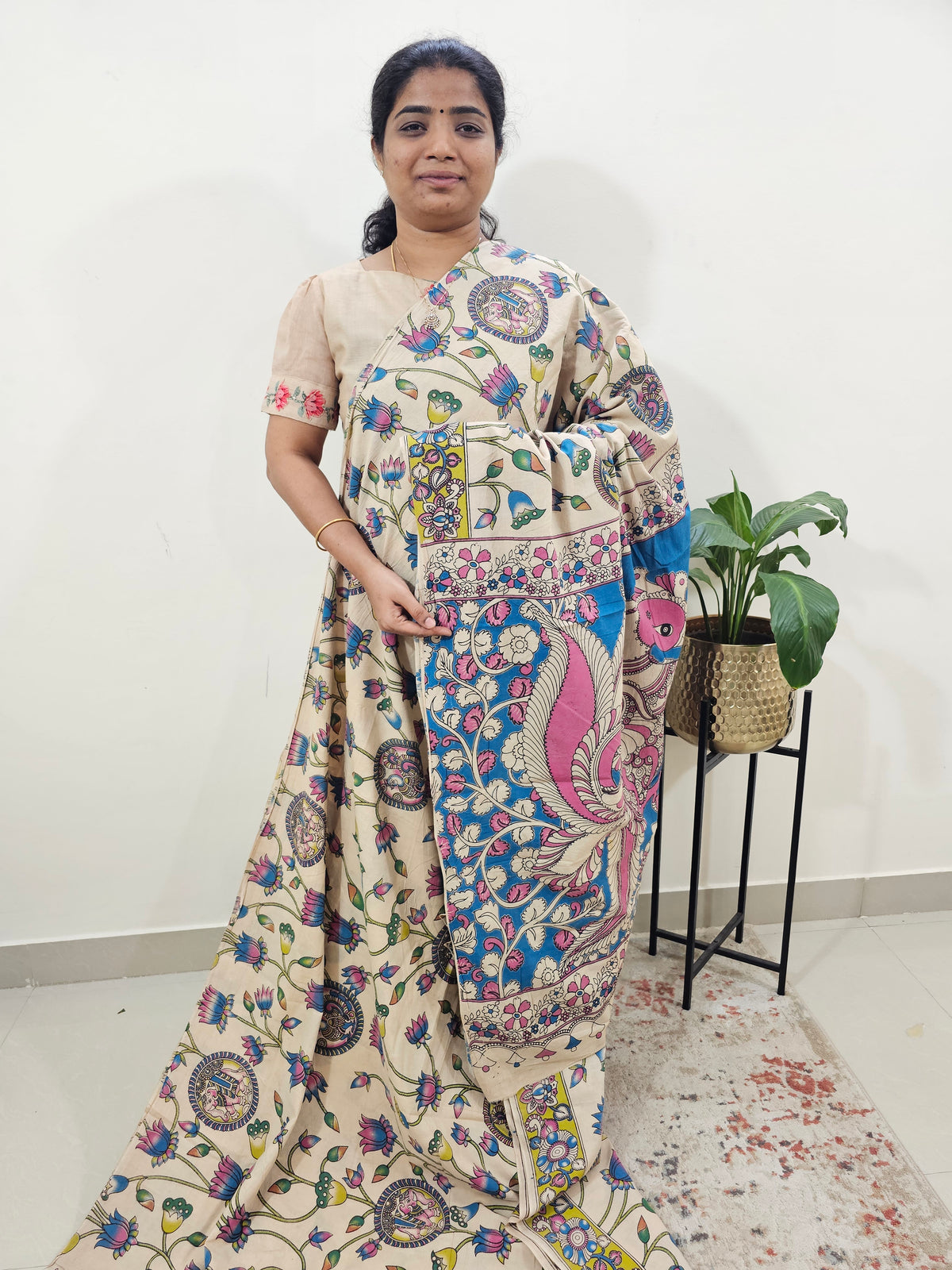 Cotton Kalamkari Saree - Off-white with Multi Shade