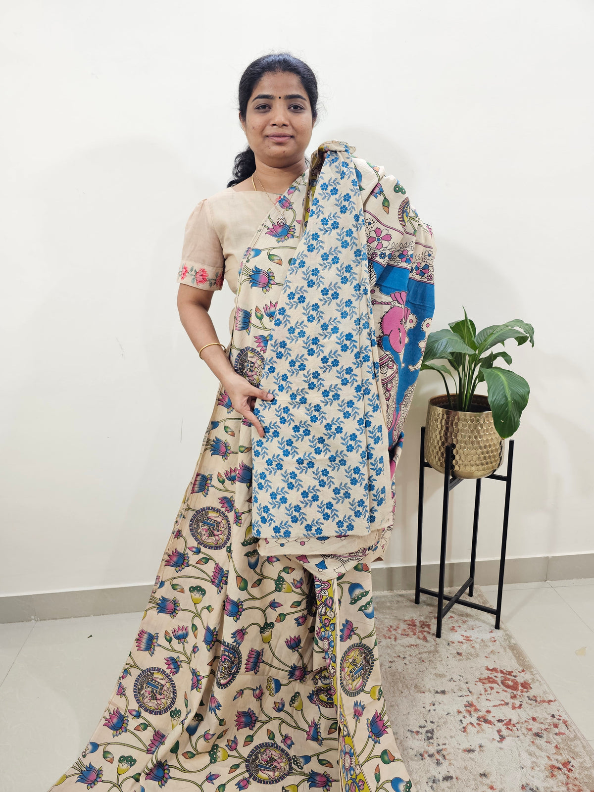 Cotton Kalamkari Saree - Off-white with Multi Shade