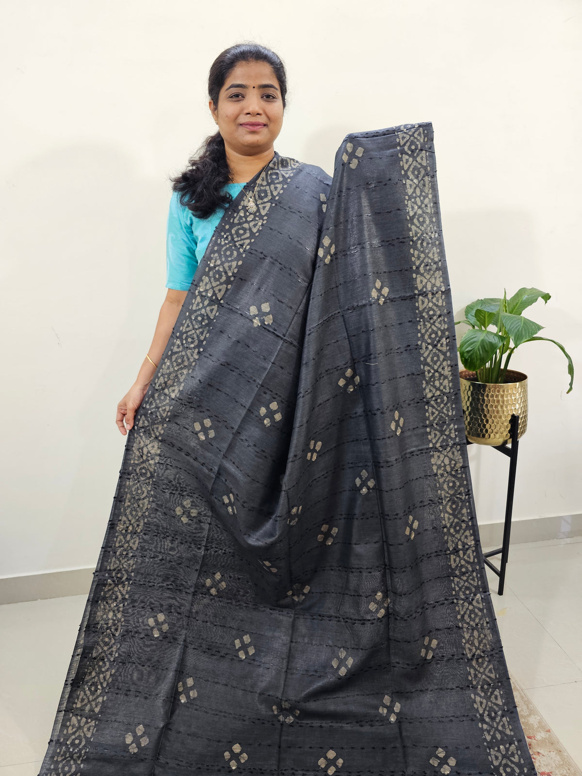 Bhagalpuri Batik Print - Grey with Sea Green
