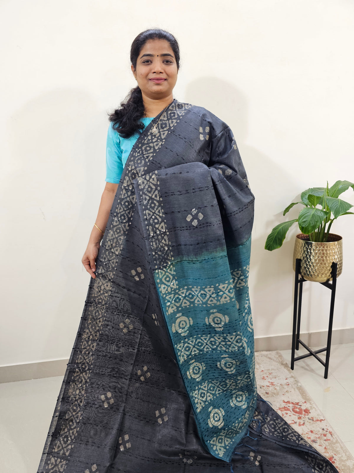 Bhagalpuri Batik Print - Grey with Sea Green