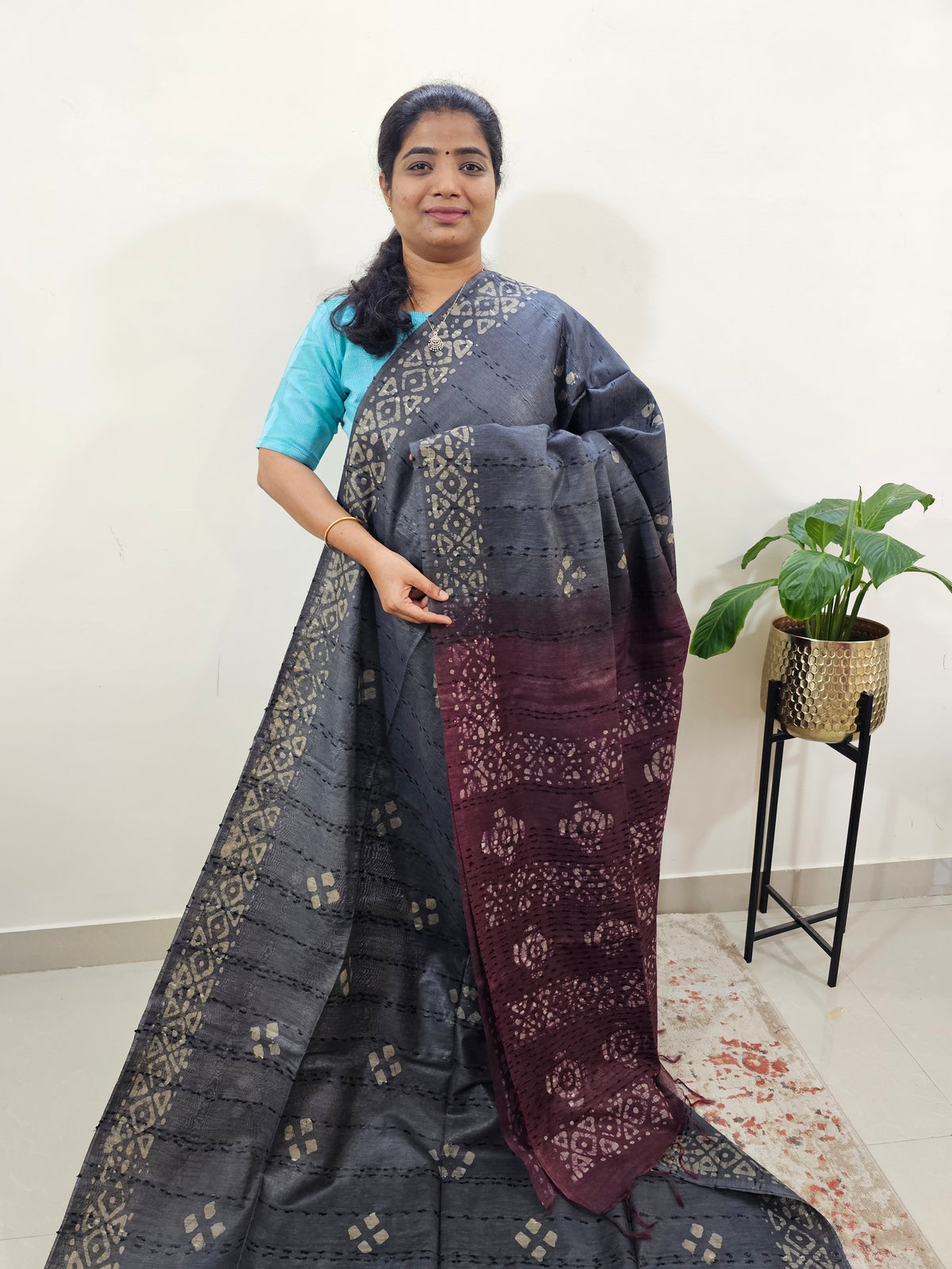 Bhagalpuri Batik Print - Grey with Dark Maroon