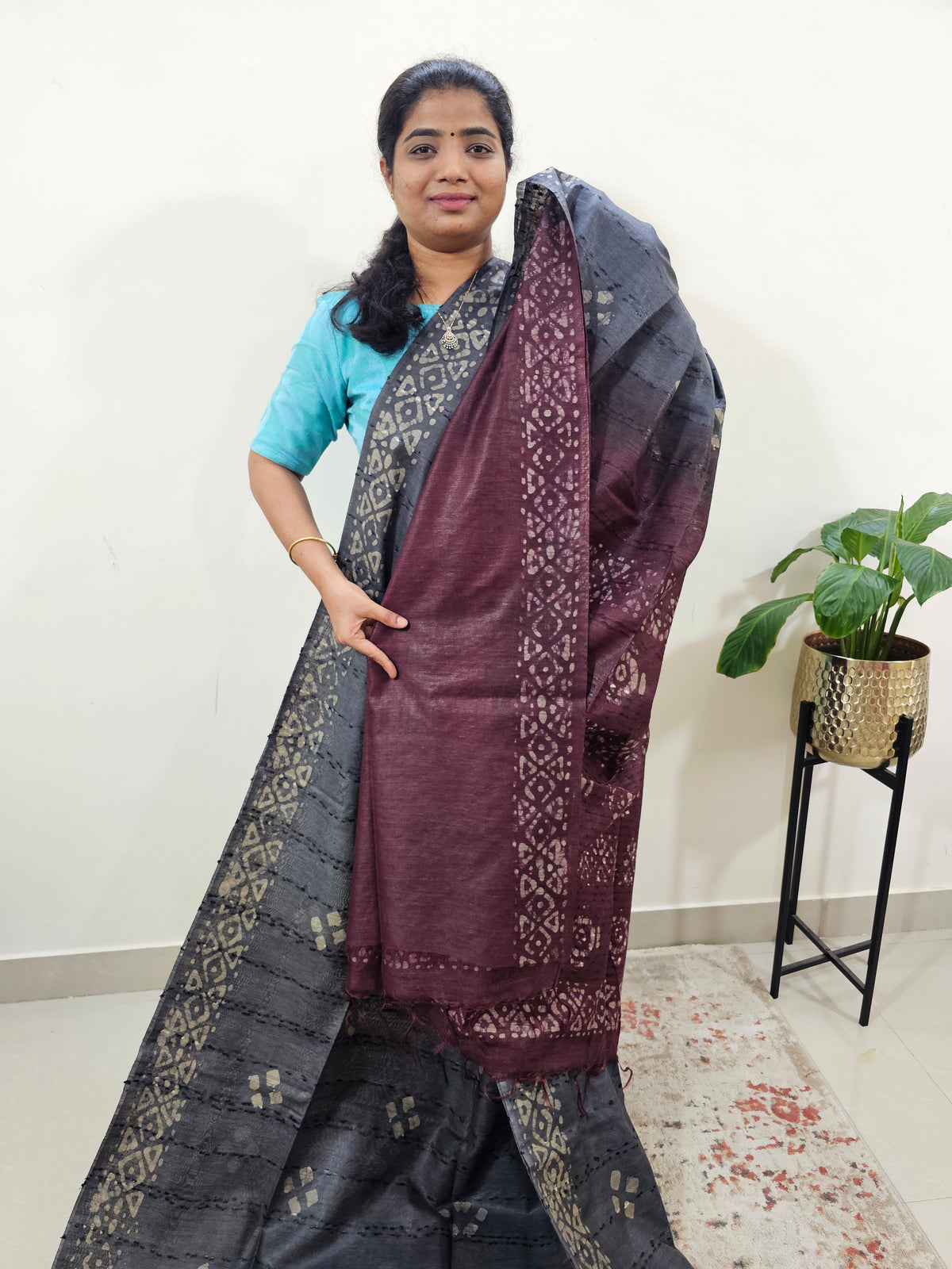 Bhagalpuri Batik Print - Grey with Dark Maroon