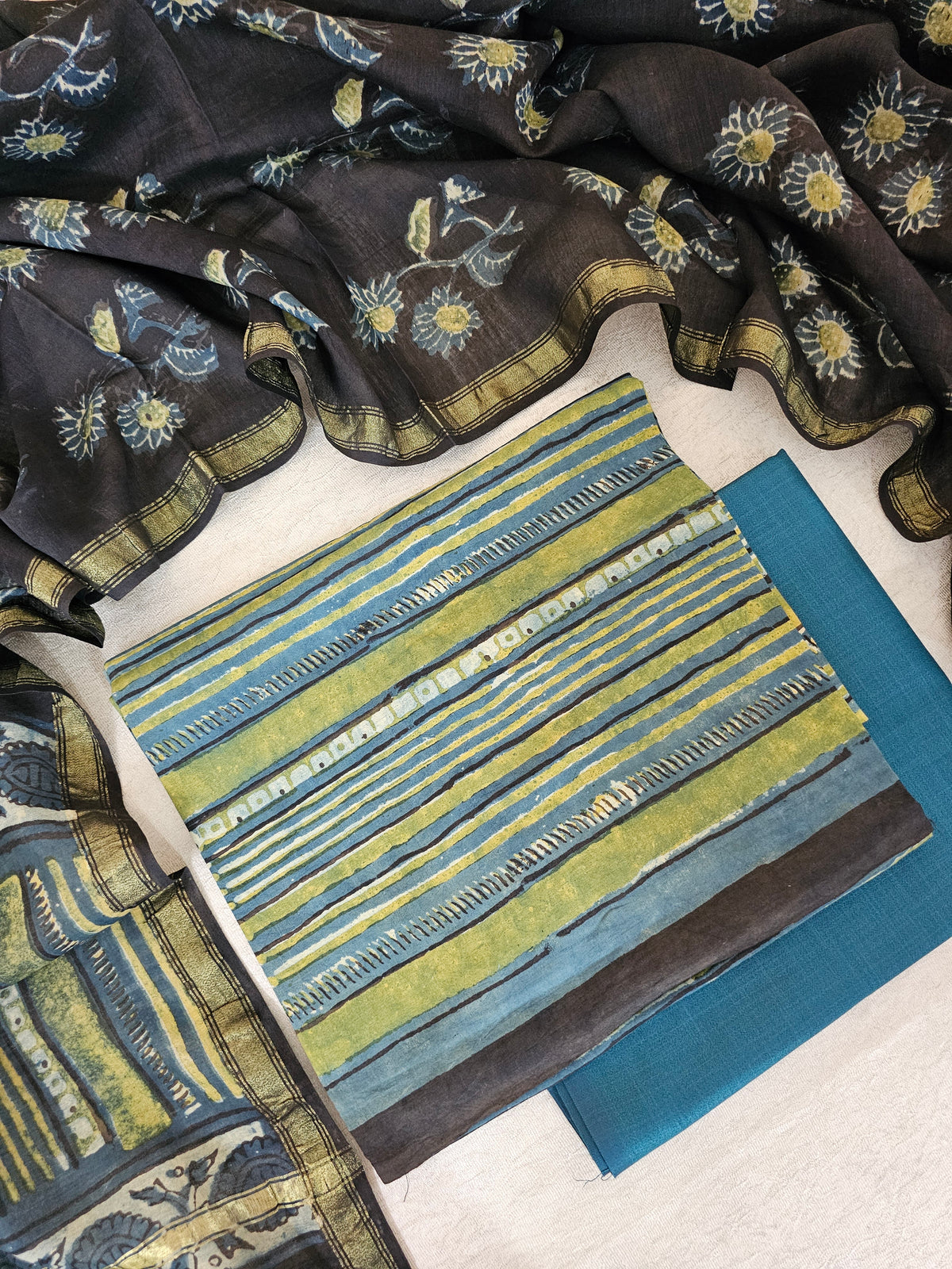 Cotton with Ajark Print - Blue with Green