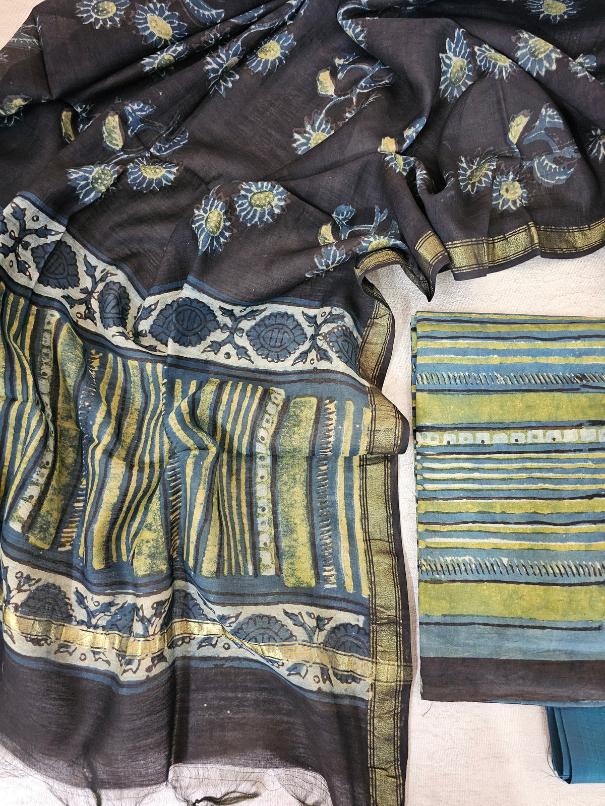 Cotton with Ajark Print - Blue with Green