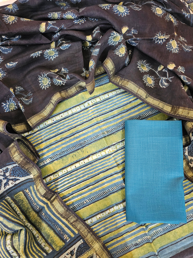 Cotton with Ajark Print - Blue with Green