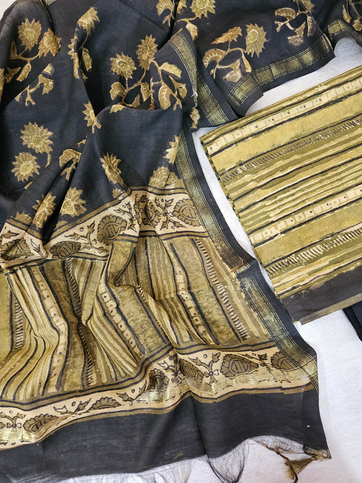 Cotton with Ajark Print - Mehndi Green with Black