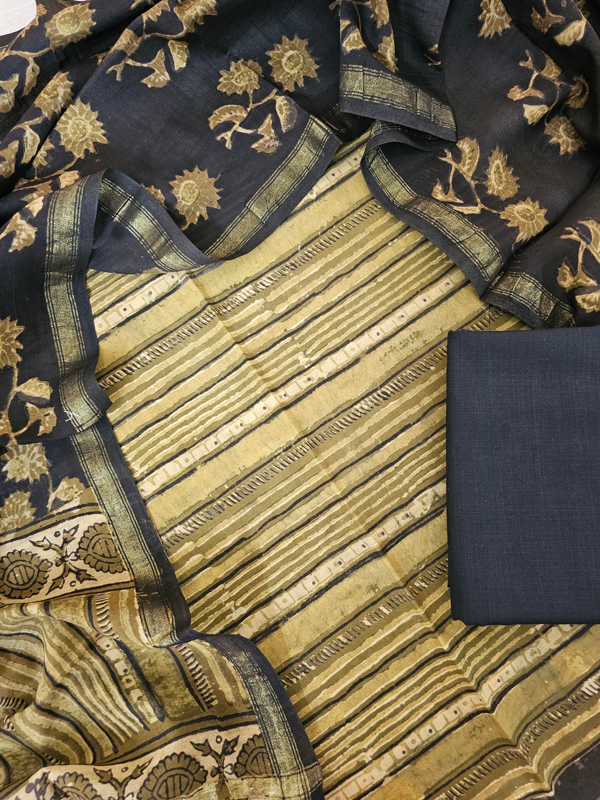 Cotton with Ajark Print - Mehndi Green with Black