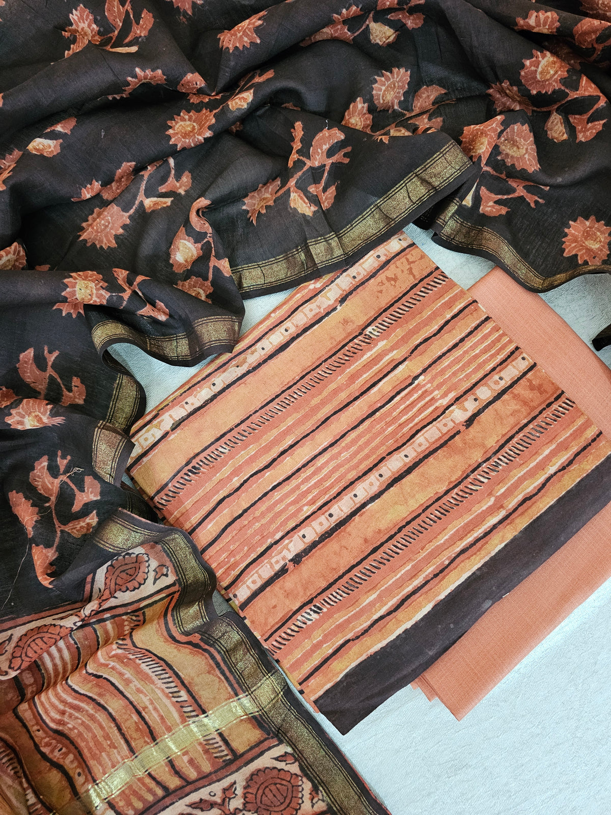 Cotton with Ajark Print - Dark Peach with Brown