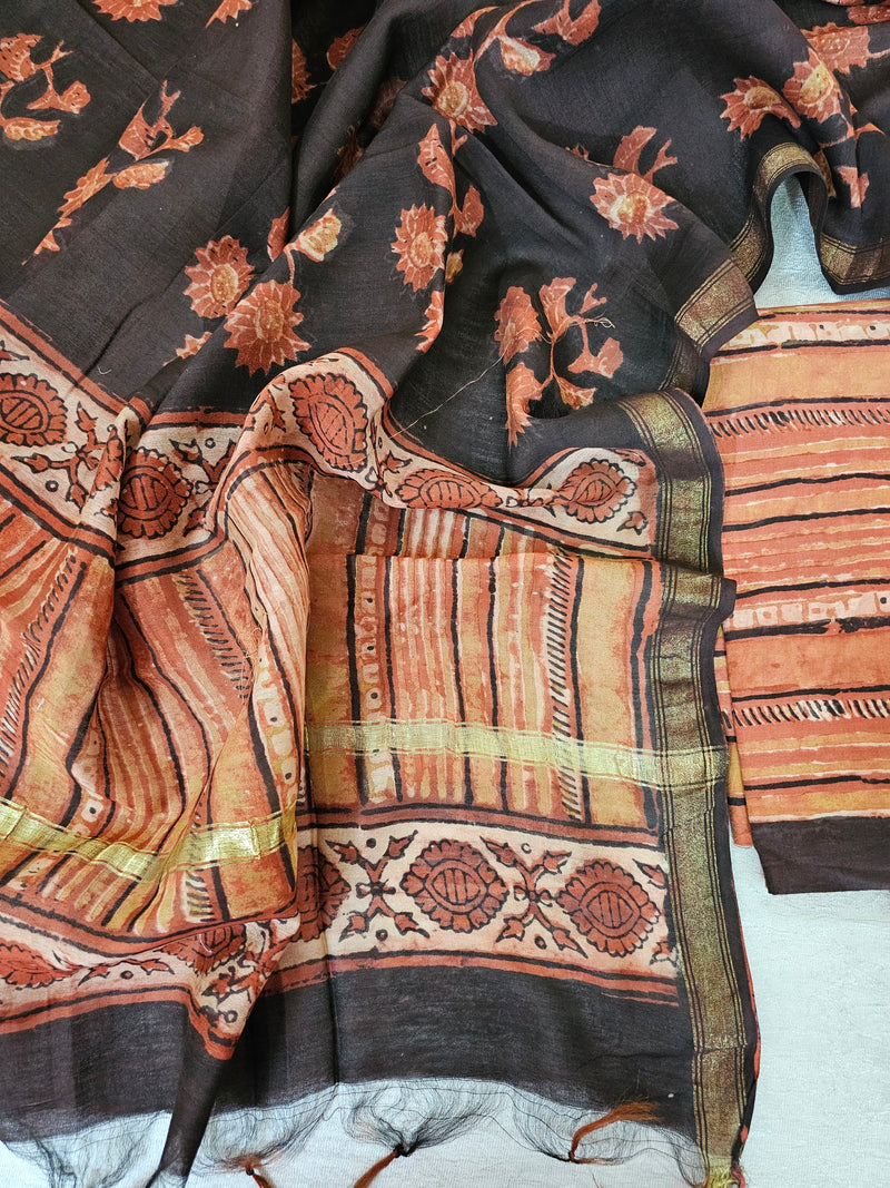 Cotton with Ajark Print - Dark Peach with Brown