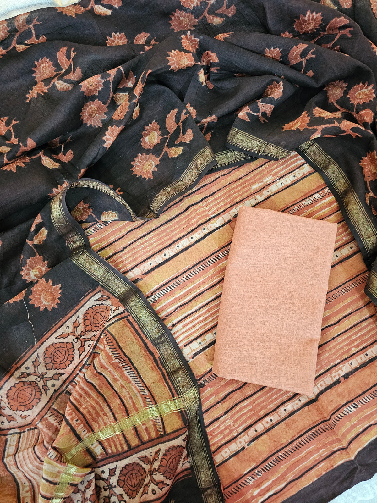 Cotton with Ajark Print - Dark Peach with Brown