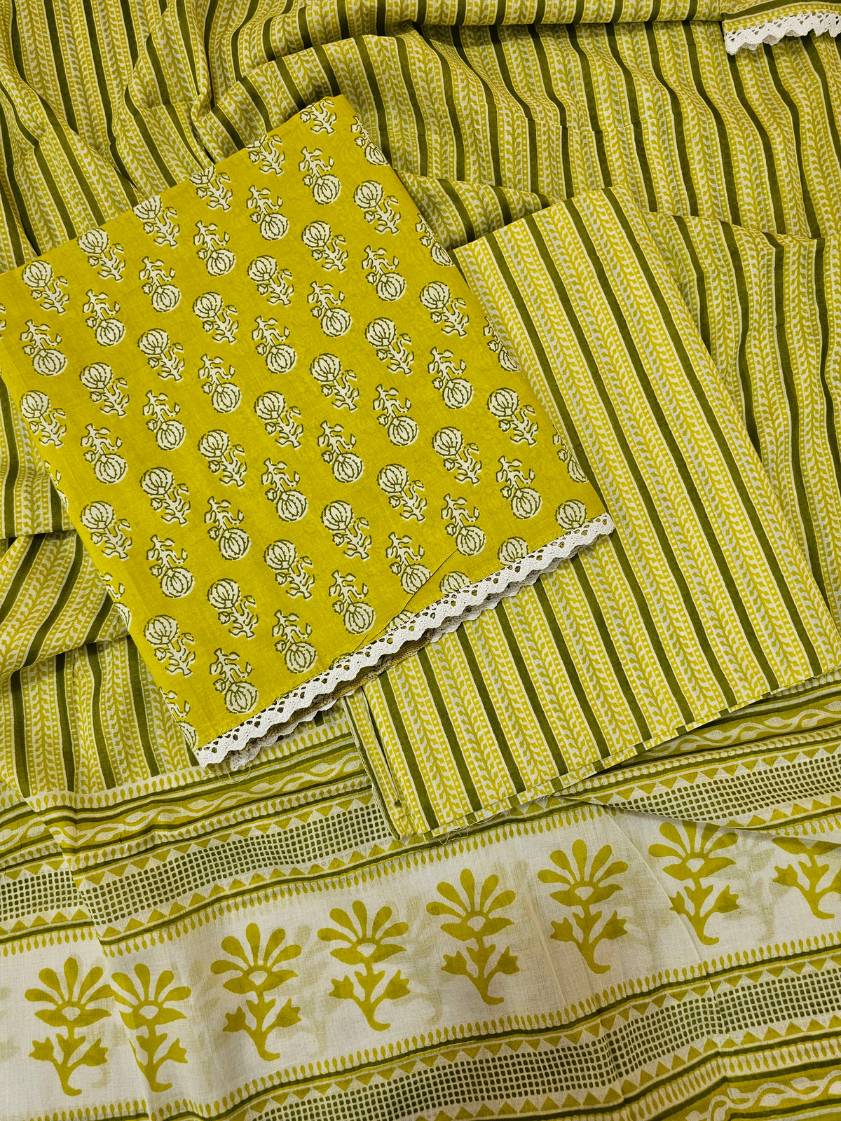 Pure Cotton Unstitched Salwar Suit  - Lime Green