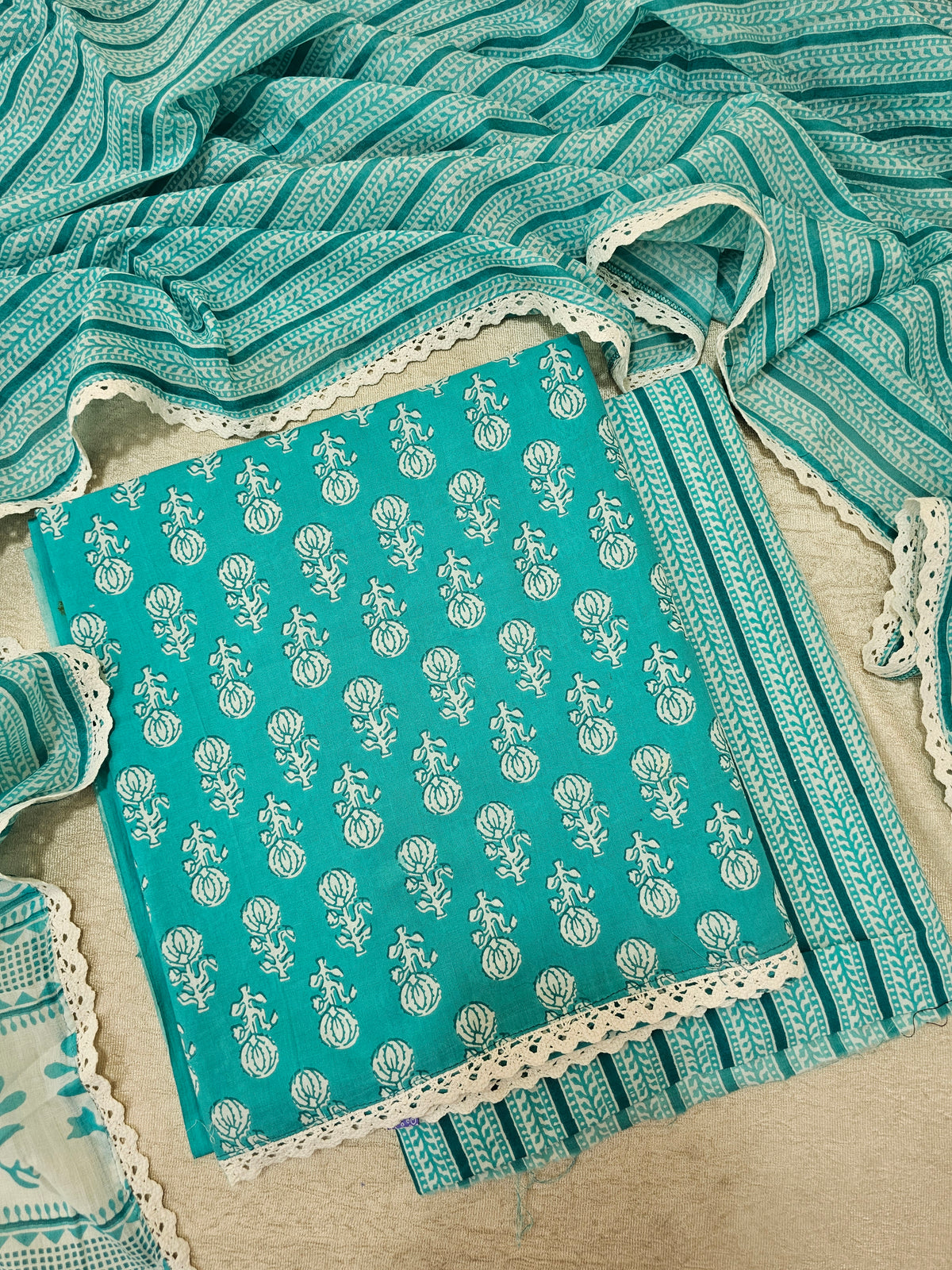 Pure Cotton Unstitched Salwar Suit  - Sea Green