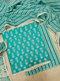 Pure Cotton Unstitched Salwar Suit  - Sea Green