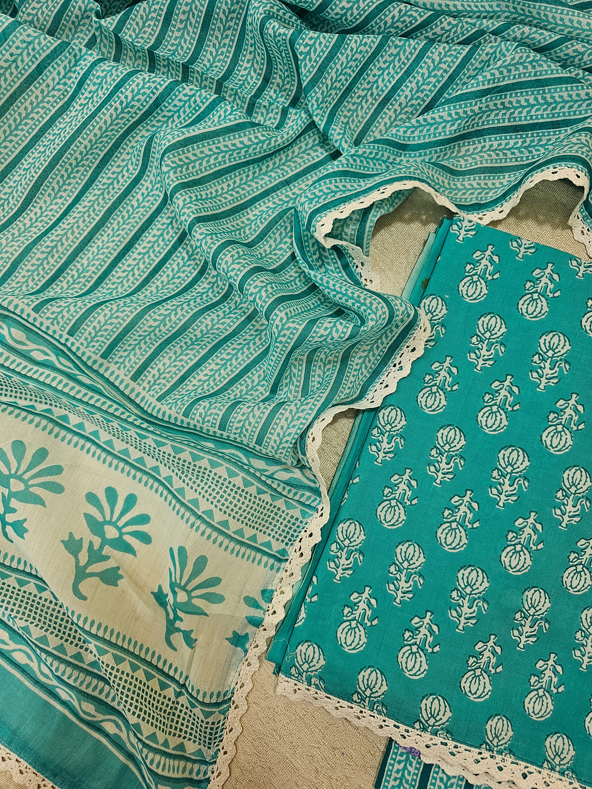 Pure Cotton Unstitched Salwar Suit  - Sea Green