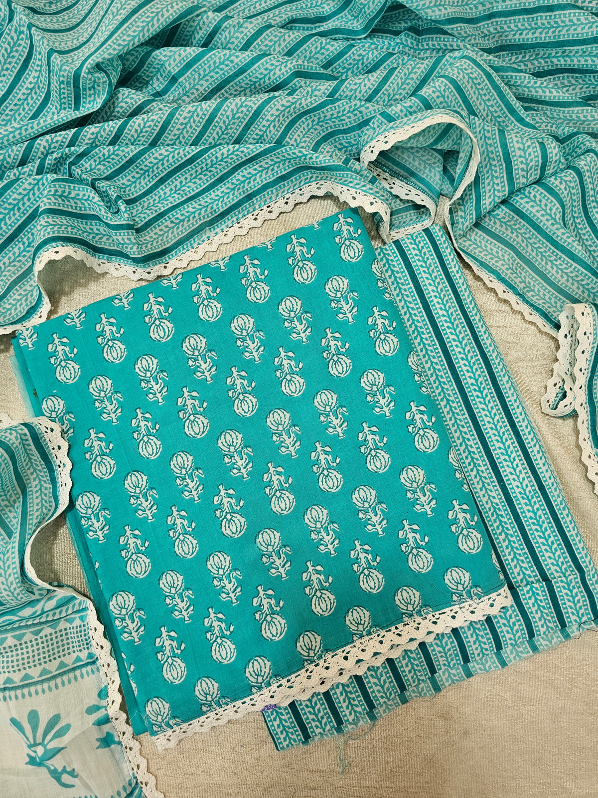 Pure Cotton Unstitched Salwar Suit  - Sea Green