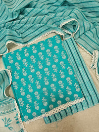 Pure Cotton Unstitched Salwar Suit  - Sea Green