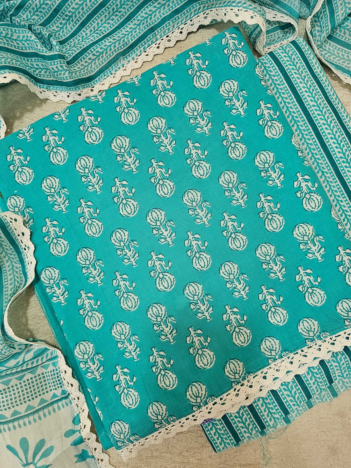 Pure Cotton Unstitched Salwar Suit  - Sea Green