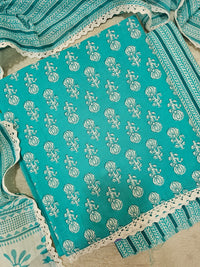 Pure Cotton Unstitched Salwar Suit  - Sea Green