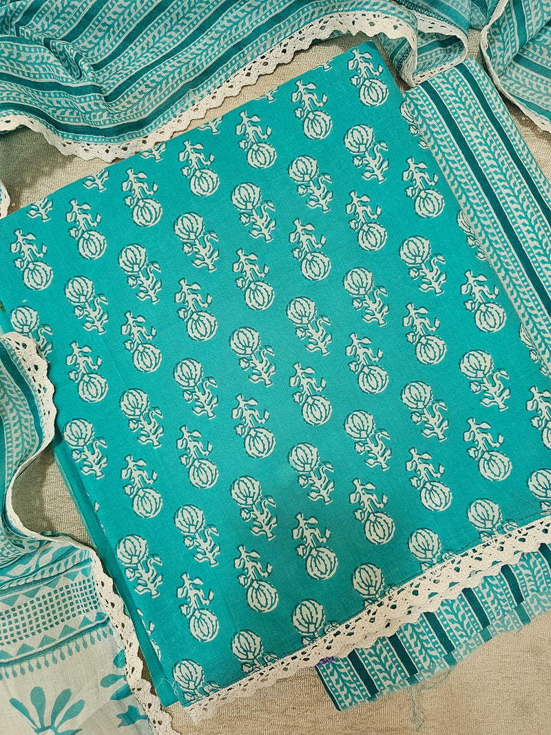Pure Cotton Unstitched Salwar Suit  - Sea Green