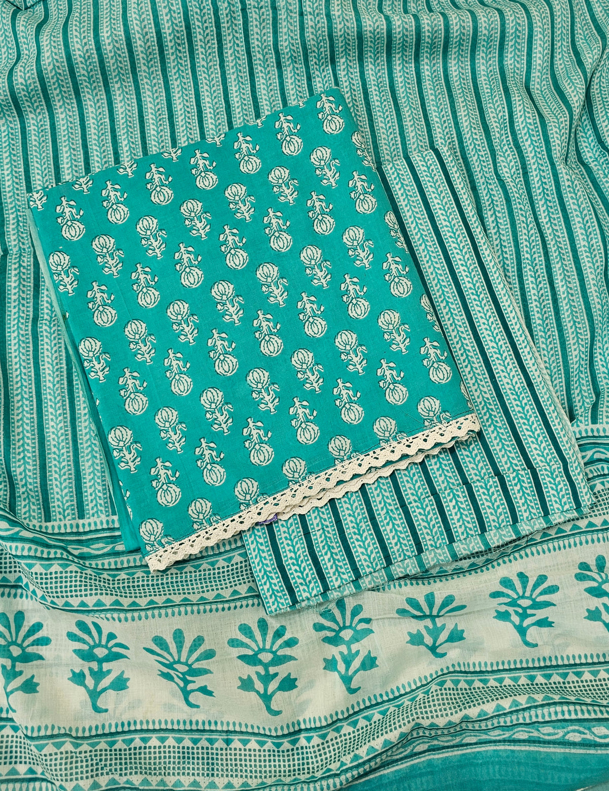 Pure Cotton Unstitched Salwar Suit  - Sea Green