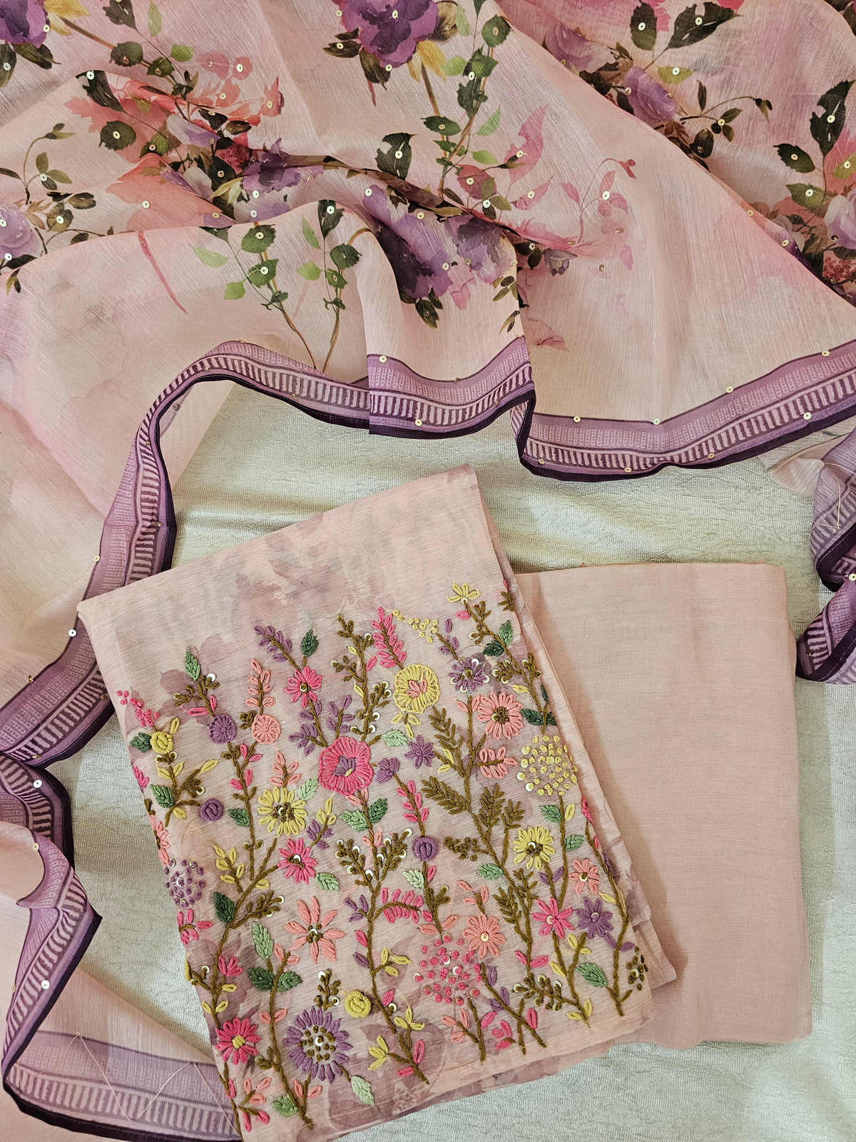 Chanderi with Heavy Hand Emboridery Unstitched Salwar Suit  - Purple