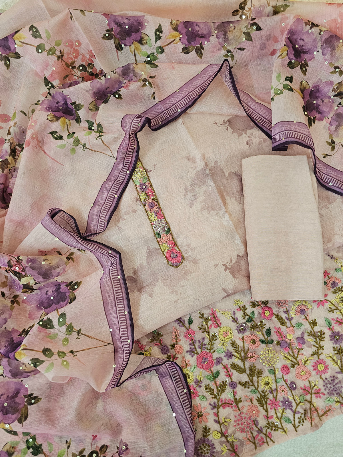 Chanderi with Heavy Hand Emboridery Unstitched Salwar Suit  - Purple