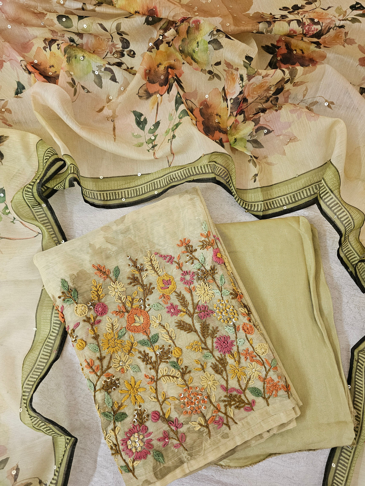 Chanderi with Heavy Hand Emboridery Unstitched Salwar Suit  - Green