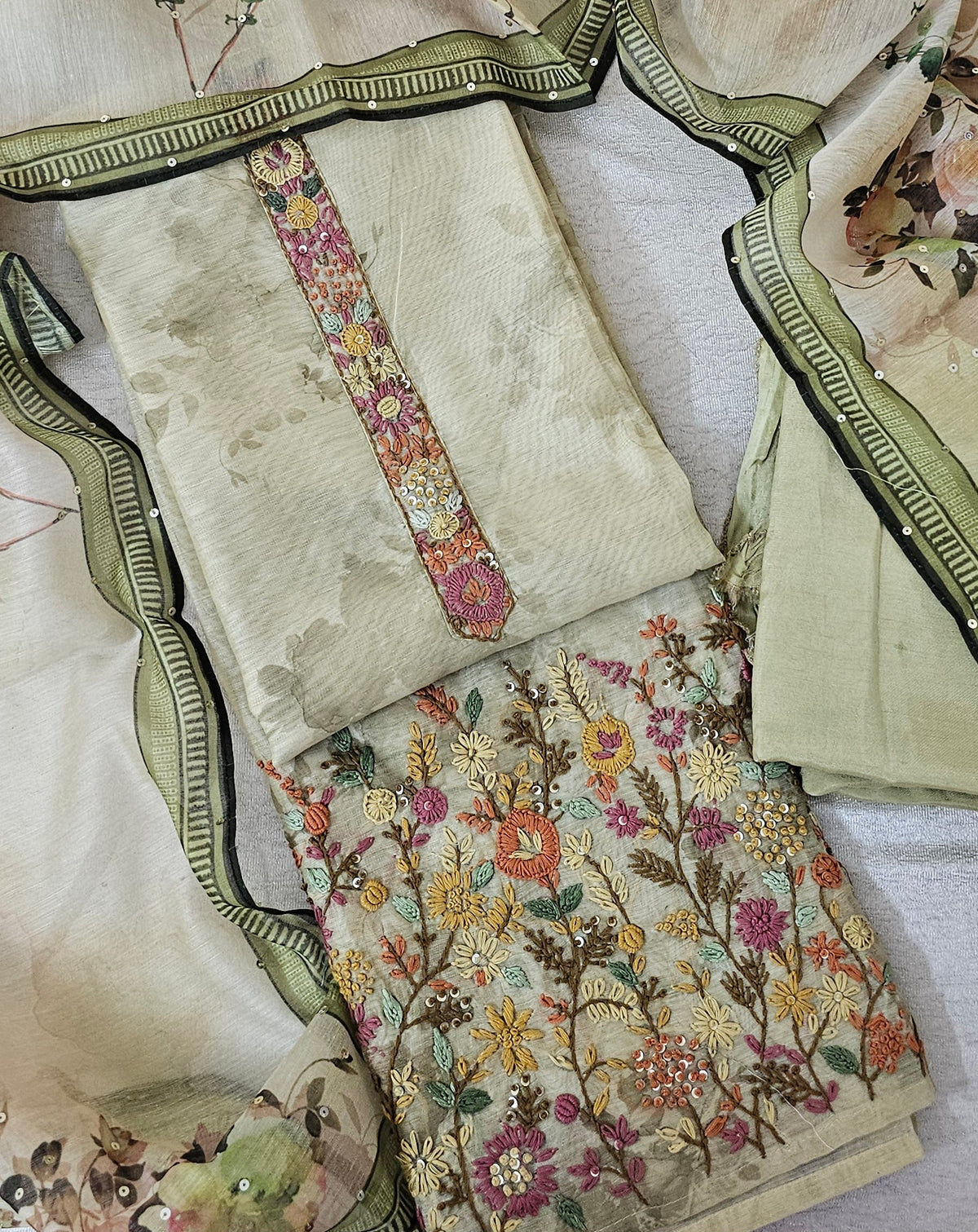 Chanderi with Heavy Hand Emboridery Unstitched Salwar Suit  - Green