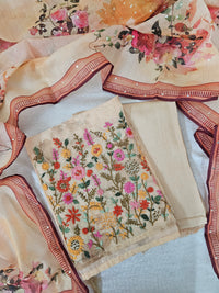 Chanderi with Heavy Hand Emboridery Unstitched Salwar Suit  - Pastel Orange