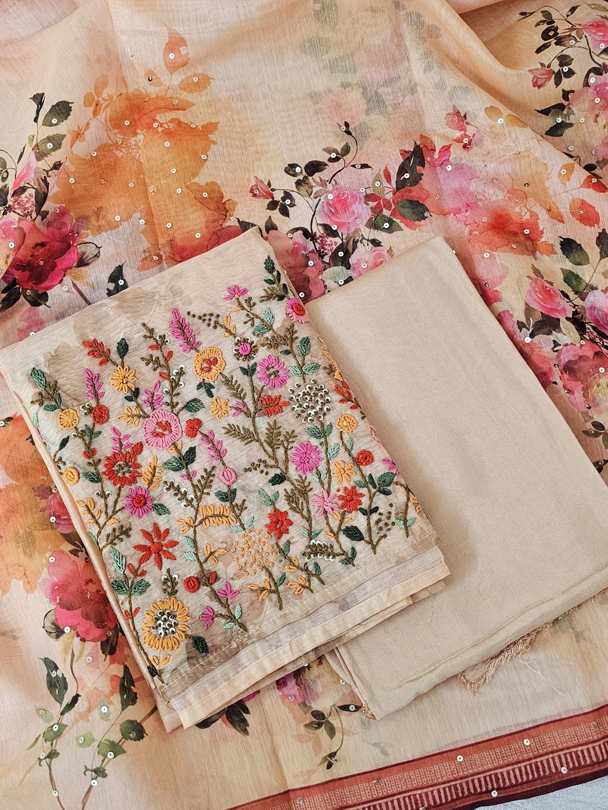 Chanderi with Heavy Hand Emboridery Unstitched Salwar Suit  - Pastel Orange