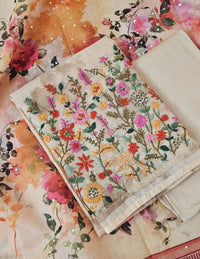 Chanderi with Heavy Hand Emboridery Unstitched Salwar Suit  - Pastel Orange