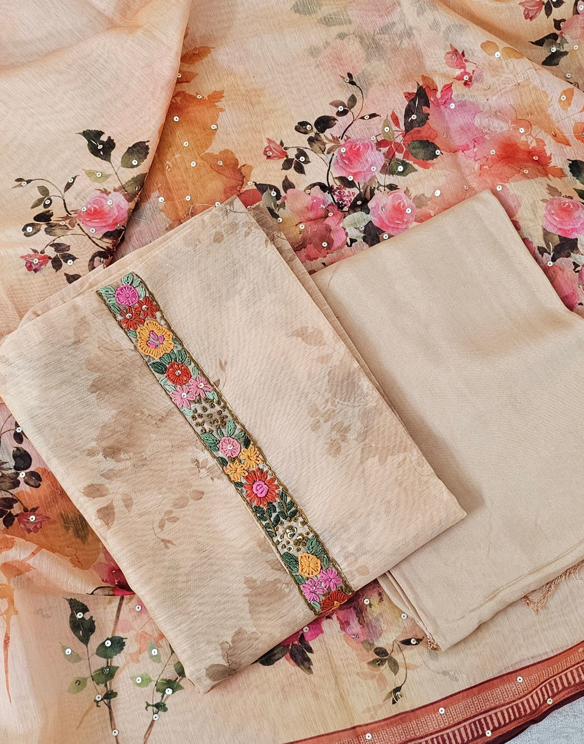 Chanderi with Heavy Hand Emboridery Unstitched Salwar Suit  - Pastel Orange