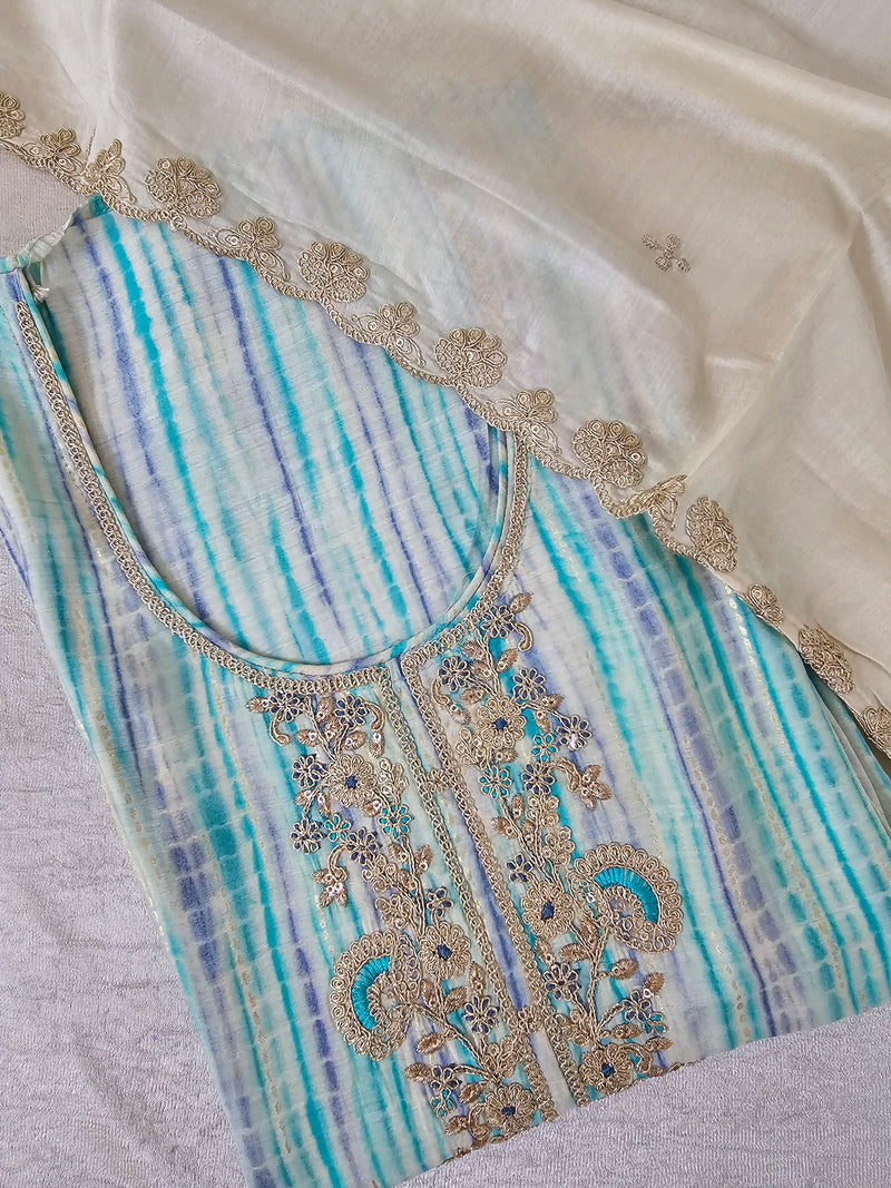 Modal Silk Unstitched Salwar Suit - Sea Blue and Violet Combo