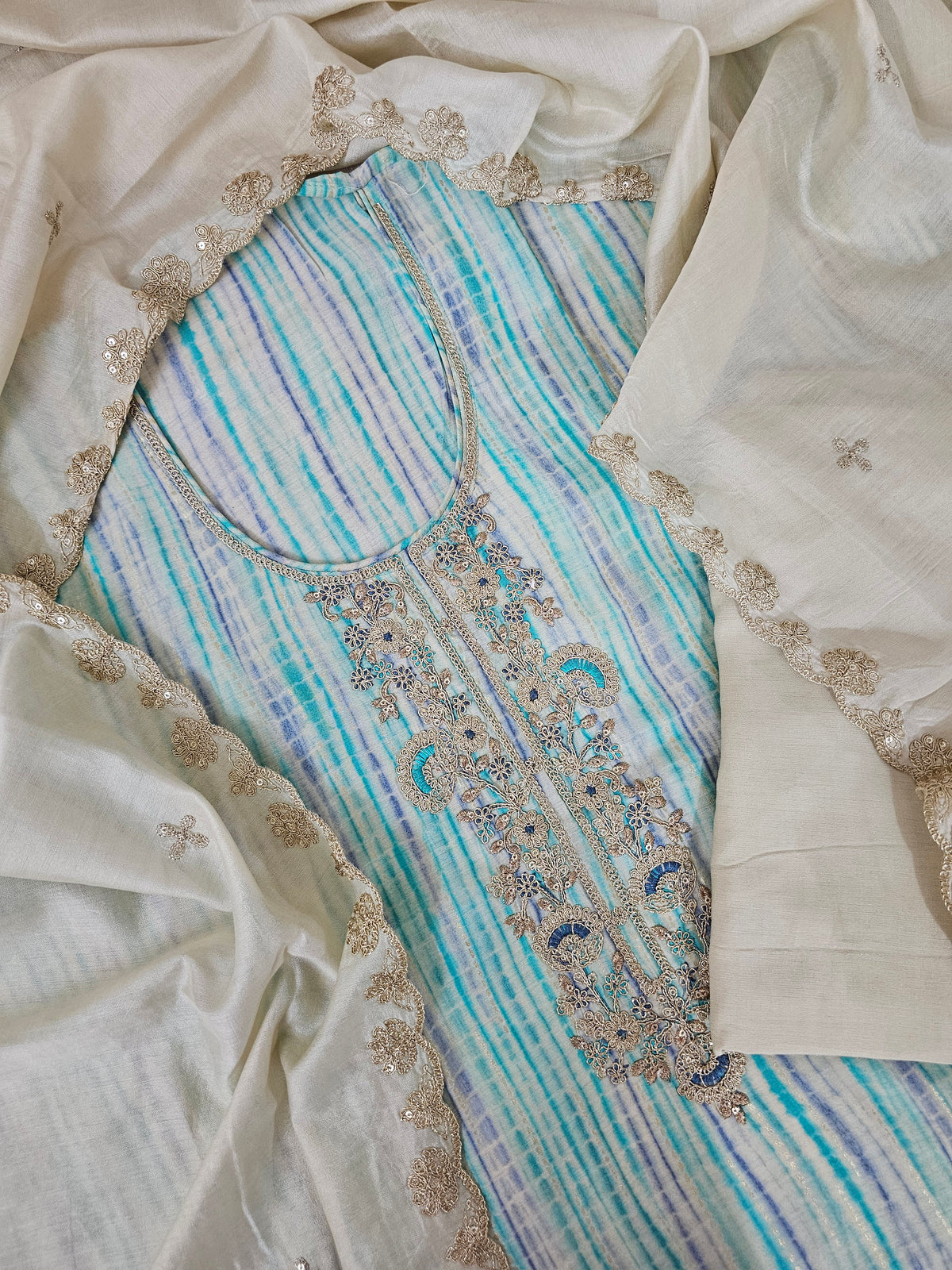 Modal Silk Unstitched Salwar Suit - Sea Blue and Violet Combo