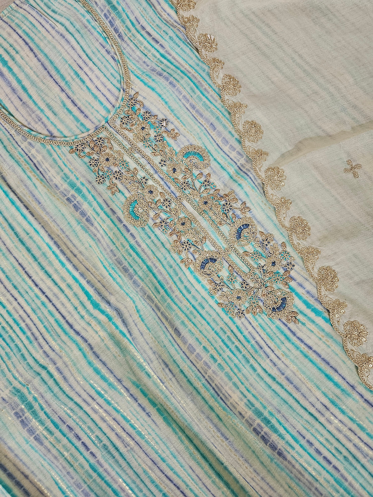 Modal Silk Unstitched Salwar Suit - Sea Blue and Violet Combo