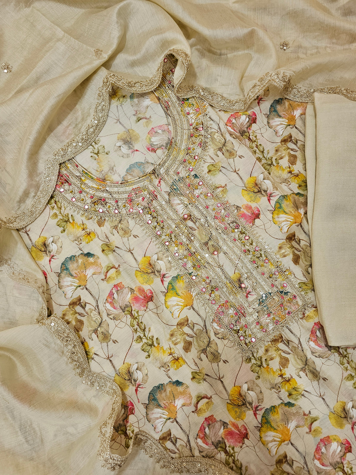 Modal Silk Unstitched Salwar Suit - Cream with Multi Shade Floral Prints